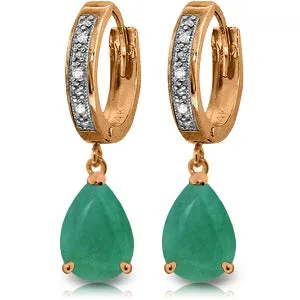 14K Solid Rose Gold Hoop Diamond & Emerald Earrings Gemstone