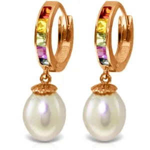 14K Solid Rose Gold Hoop Multicolor Sapphire & Pearl Earrings