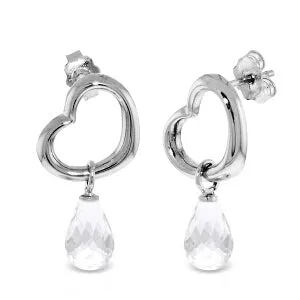 14K Solid White Gold Heart Earrings w/ Dangling Natural White Topaz