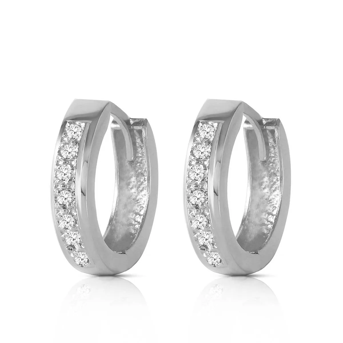 14K Solid White Gold Hoop Huggie Earrings Diamond