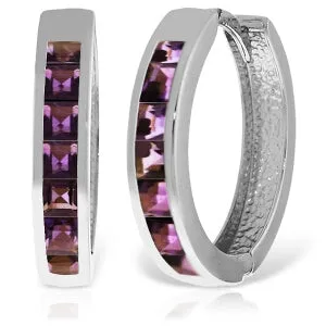 14K Solid White Gold Hoop Huggie Earrings w/ Amethysts