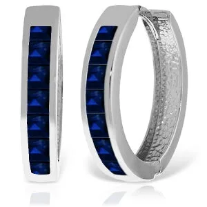 14K Solid White Gold Hoop Huggie Earrings w/ Sapphires