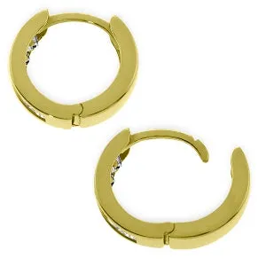 14K Solid Yellow Gold Hoop Huggie Earrings w/ White Topaz