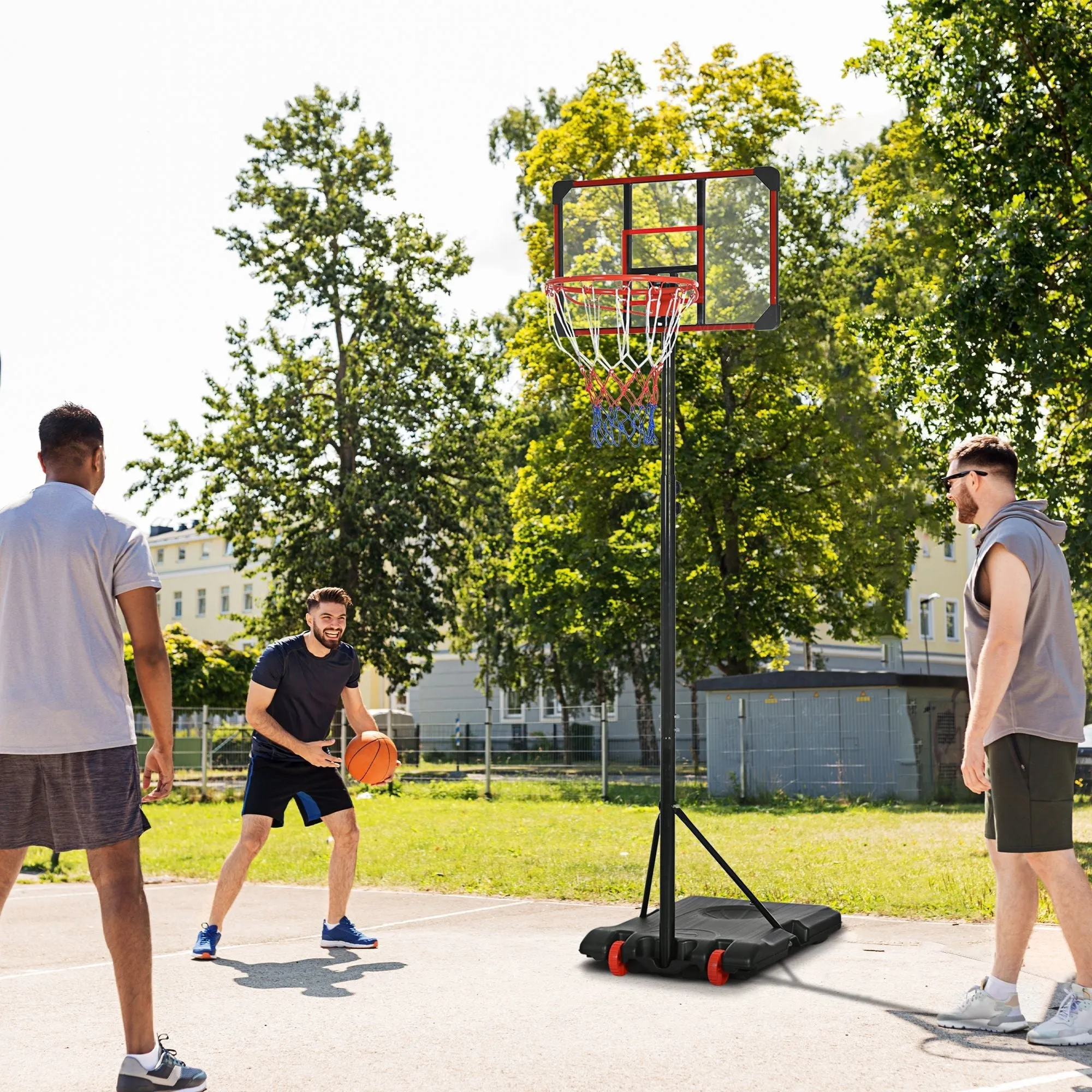 1.7 to 2M Adjustable Free Standing Basketball Hoop Weighted Base With Transit Wheels Black & Red by Sportnow