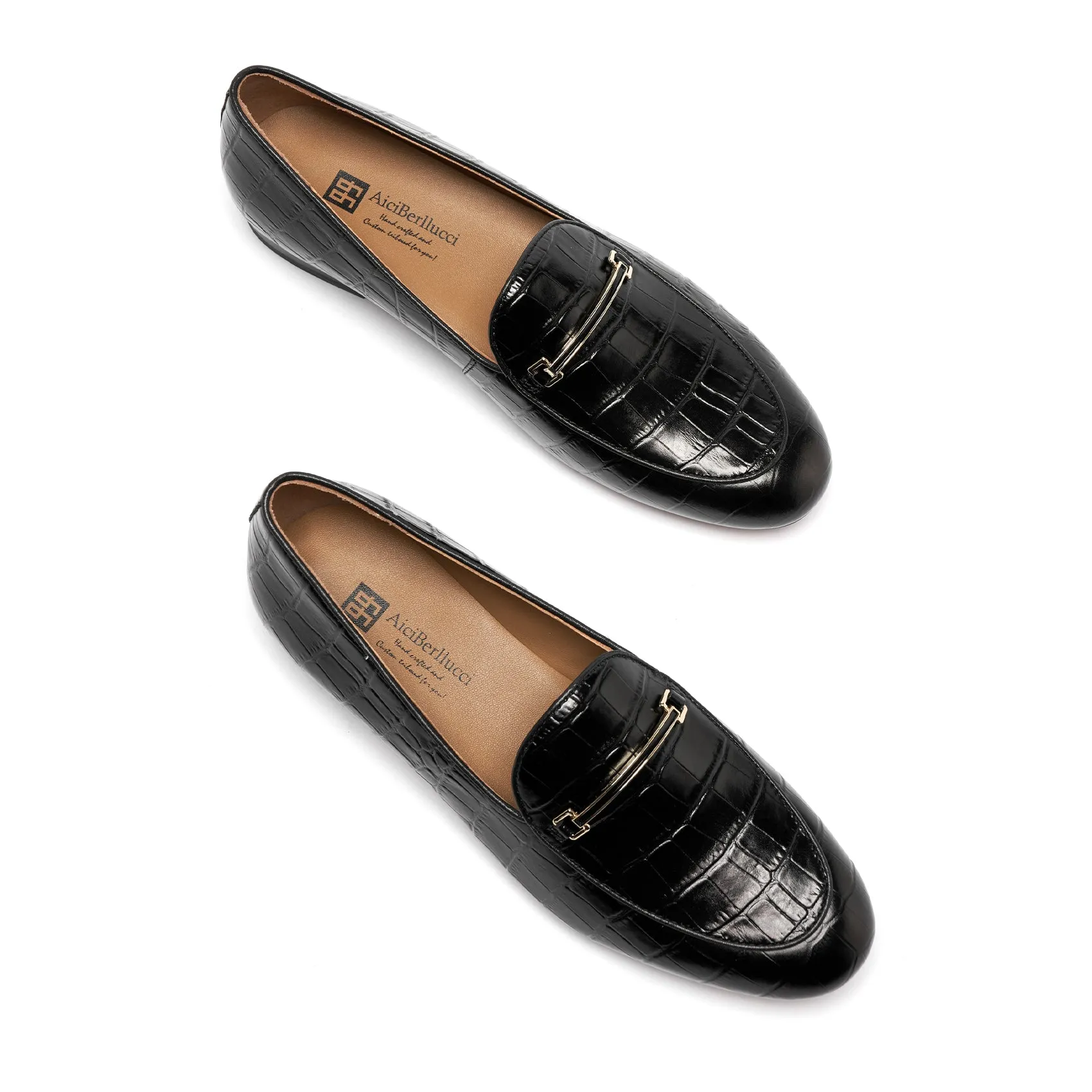 AiciBerllucci  Black  Crocodile Embossed  Leather & Sheepskin lining- Prime-Women's Leather Loafer- Sleek Loafers Slip on Shoes-Casual Flat Shoes