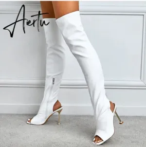 Aiertu White Leather Thigh High Over The Knee Boots Sexy Open Toe Stripper Heels Booties Fashion Zip Motorcycle Shoes Women Pumps