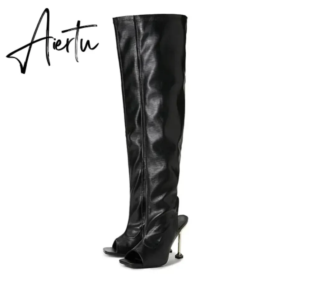 Aiertu White Leather Thigh High Over The Knee Boots Sexy Open Toe Stripper Heels Booties Fashion Zip Motorcycle Shoes Women Pumps