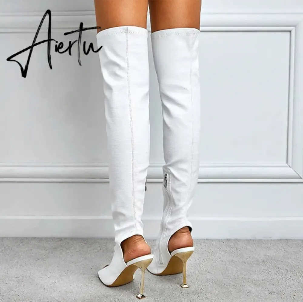 Aiertu White Leather Thigh High Over The Knee Boots Sexy Open Toe Stripper Heels Booties Fashion Zip Motorcycle Shoes Women Pumps