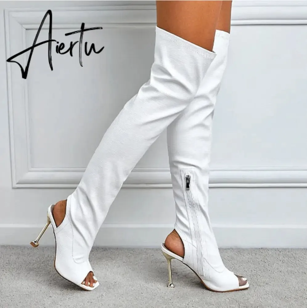 Aiertu White Leather Thigh High Over The Knee Boots Sexy Open Toe Stripper Heels Booties Fashion Zip Motorcycle Shoes Women Pumps