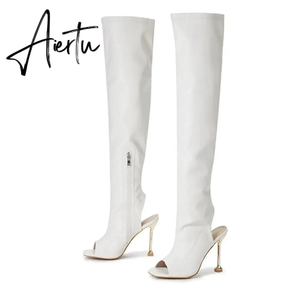 Aiertu White Leather Thigh High Over The Knee Boots Sexy Open Toe Stripper Heels Booties Fashion Zip Motorcycle Shoes Women Pumps