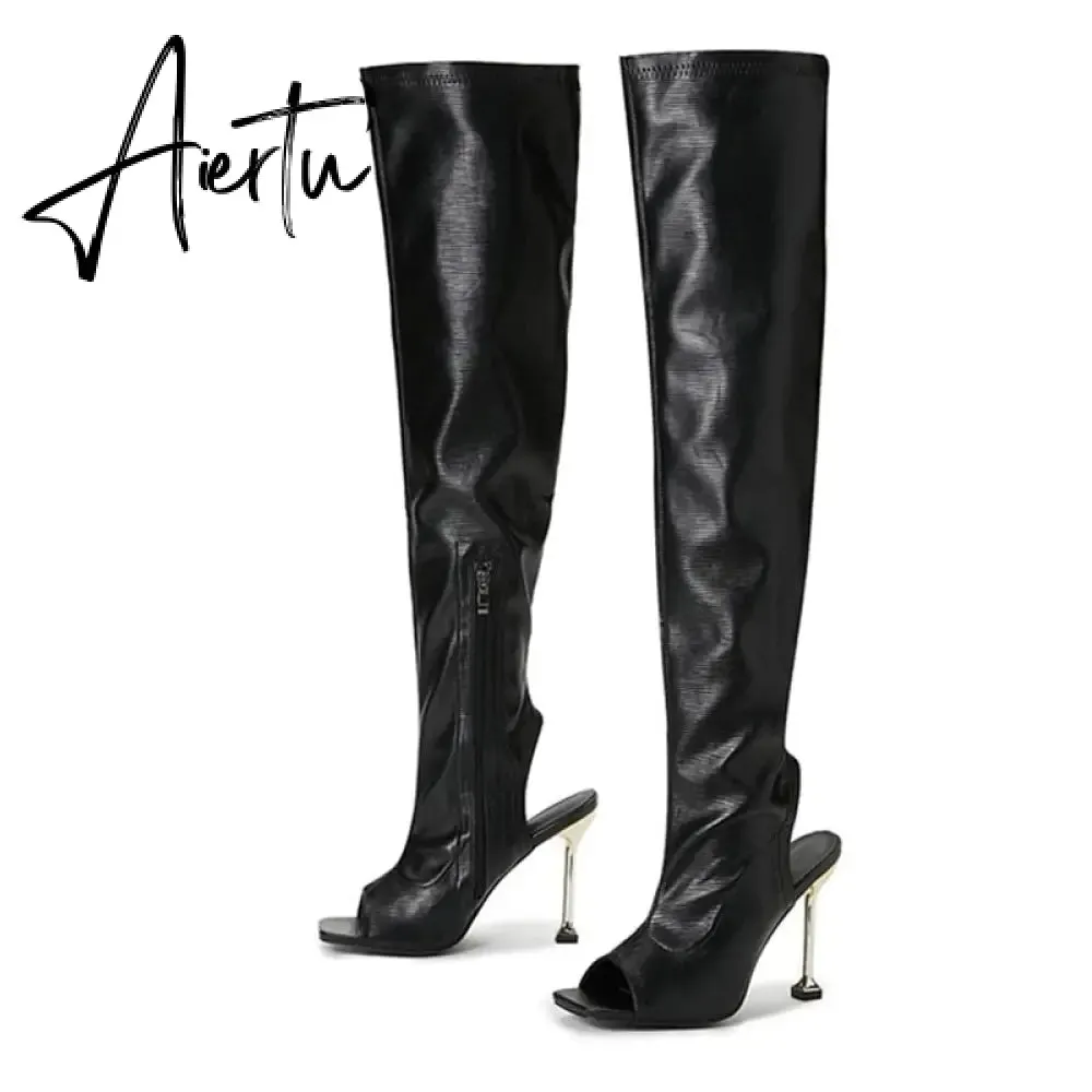 Aiertu White Leather Thigh High Over The Knee Boots Sexy Open Toe Stripper Heels Booties Fashion Zip Motorcycle Shoes Women Pumps