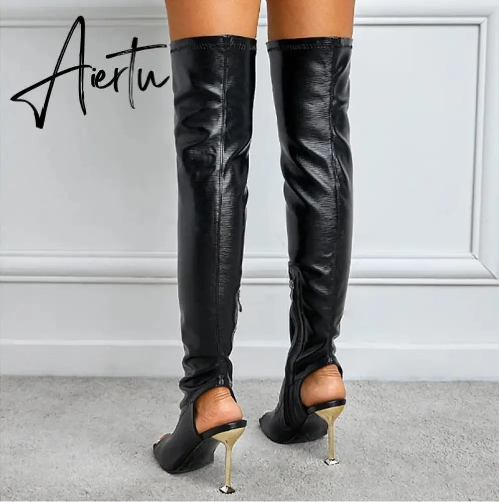 Aiertu White Leather Thigh High Over The Knee Boots Sexy Open Toe Stripper Heels Booties Fashion Zip Motorcycle Shoes Women Pumps