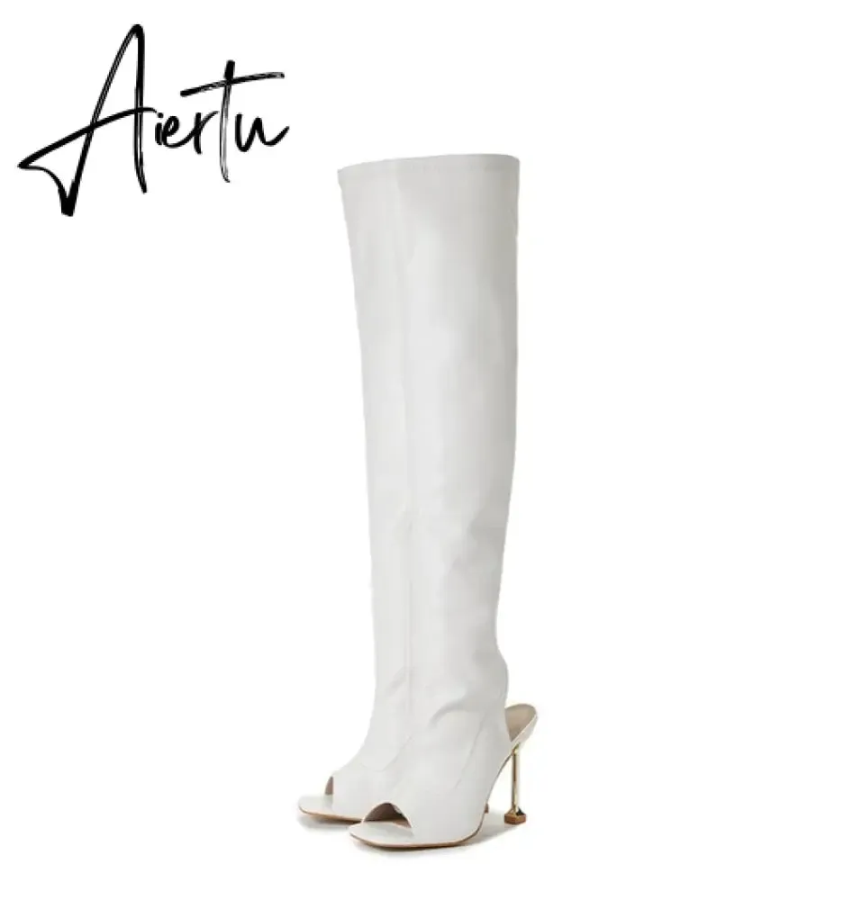 Aiertu White Leather Thigh High Over The Knee Boots Sexy Open Toe Stripper Heels Booties Fashion Zip Motorcycle Shoes Women Pumps