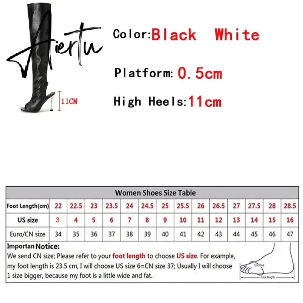 Aiertu White Leather Thigh High Over The Knee Boots Sexy Open Toe Stripper Heels Booties Fashion Zip Motorcycle Shoes Women Pumps