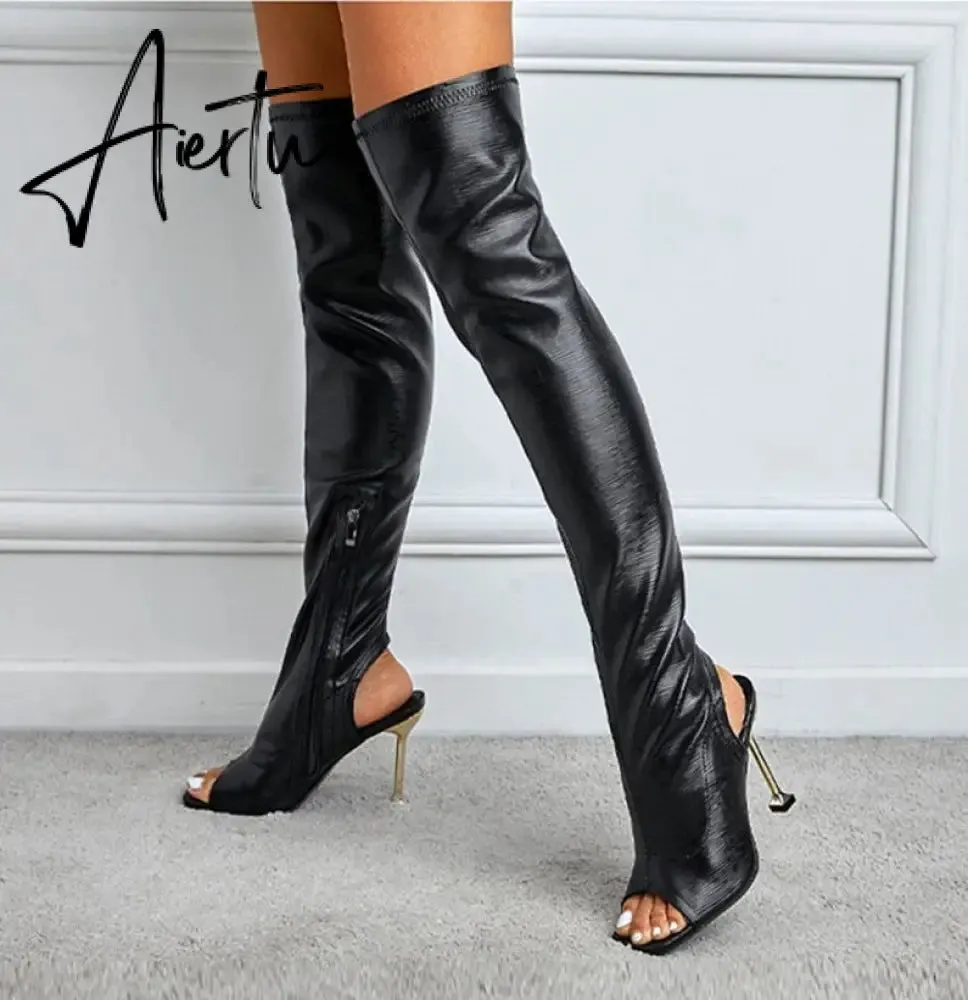 Aiertu White Leather Thigh High Over The Knee Boots Sexy Open Toe Stripper Heels Booties Fashion Zip Motorcycle Shoes Women Pumps