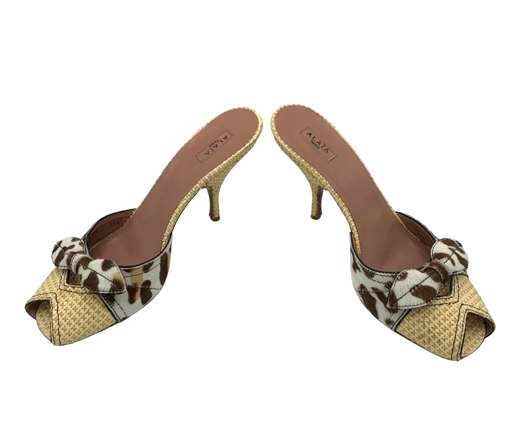 Alaia Raffia Animal Print Peep Toe Heeled Mules