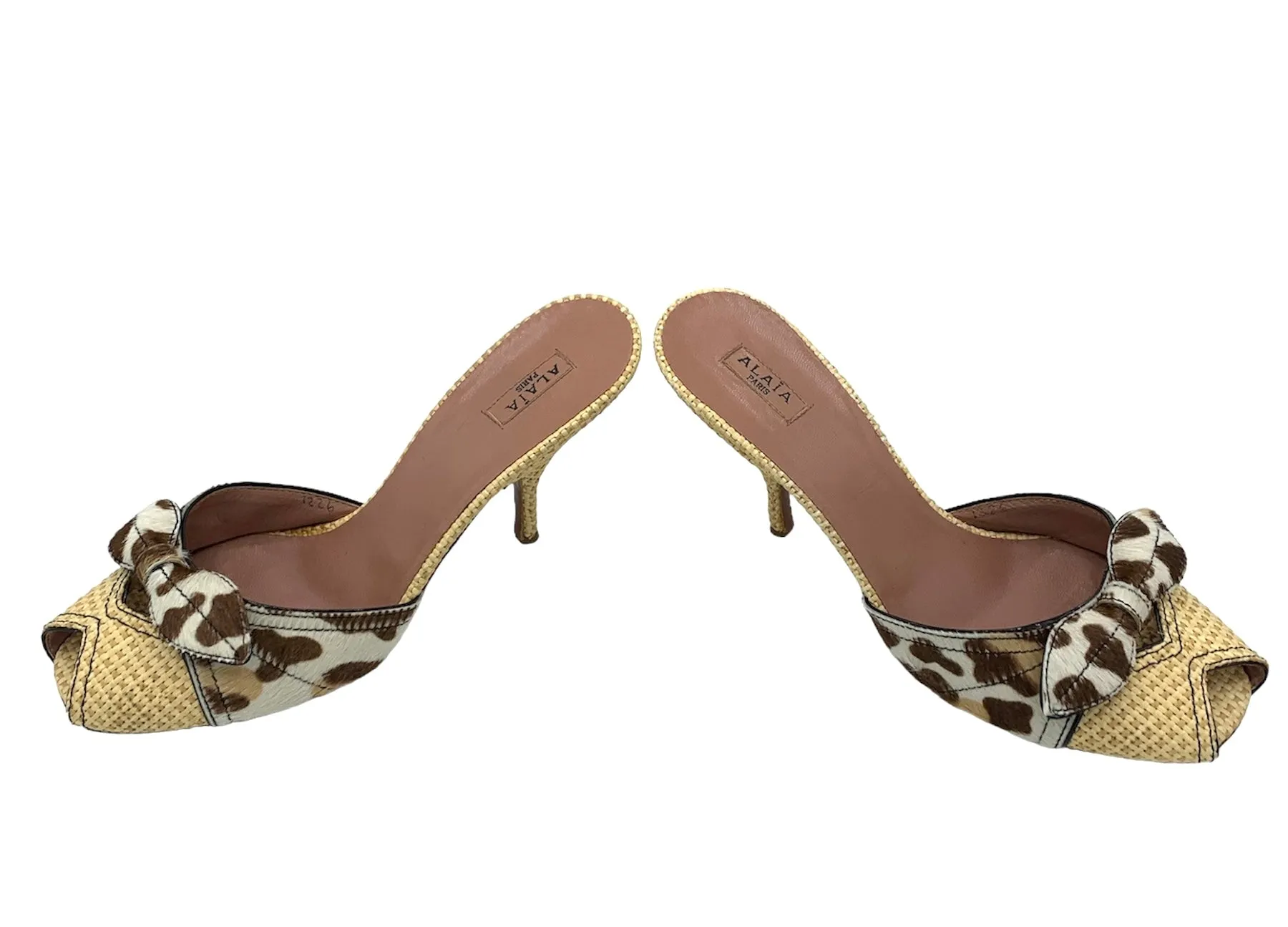 Alaia Raffia Animal Print Peep Toe Heeled Mules