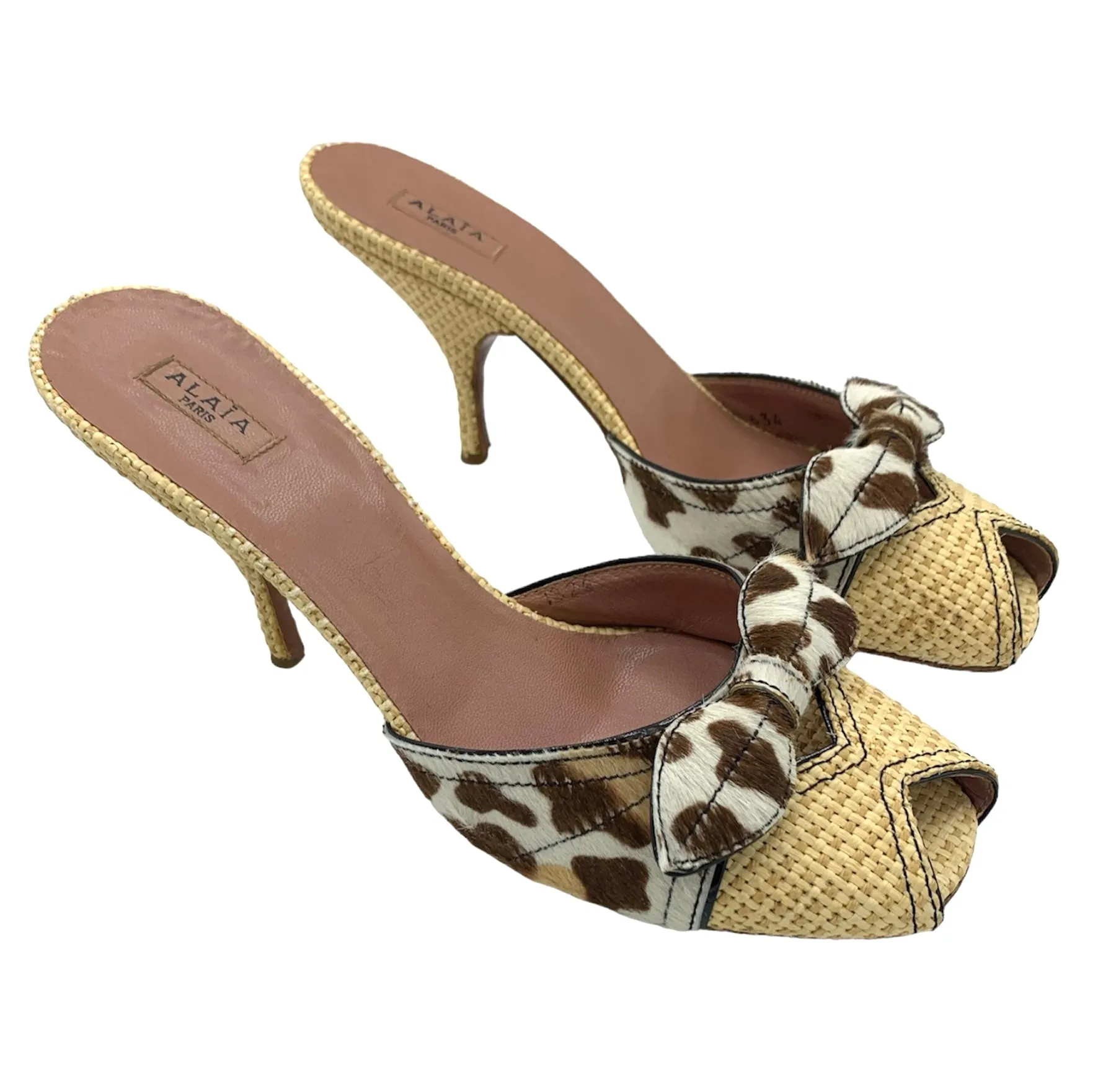 Alaia Raffia Animal Print Peep Toe Heeled Mules