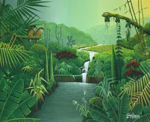 Albott Bonhomme 20"x24" Lush Tropical Forest with Birds, Cactus & Cascade 2022 Acrylic on Canvas Painting #33MFN