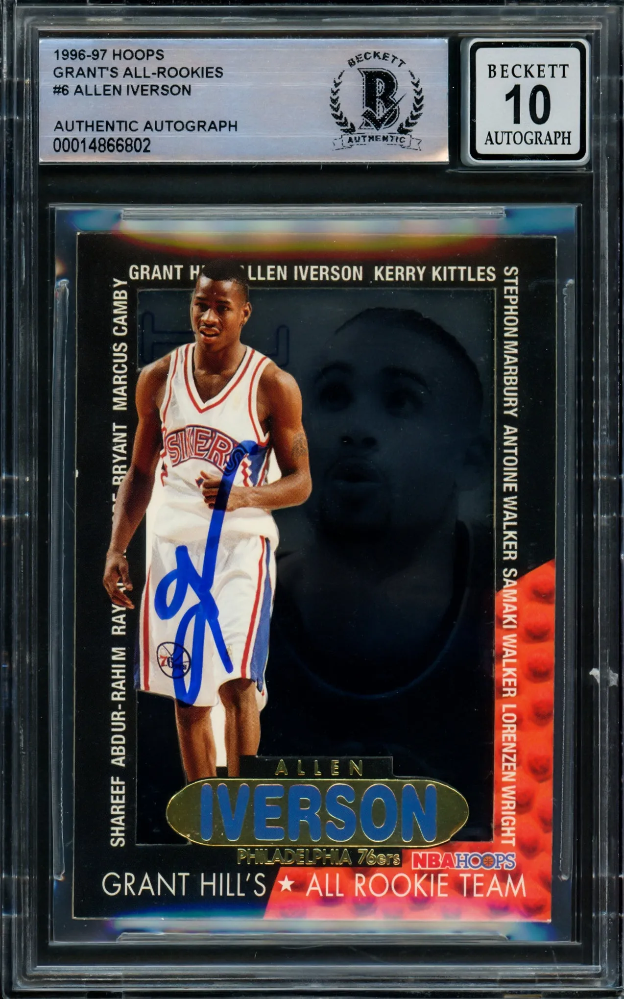 Allen Iverson Autographed 1996-97 Hoops Grant Hill's All Rookie Team Rookie Card #6 Philadelphia 76ers Auto Grade Gem Mint 10 Beckett BAS #14866802