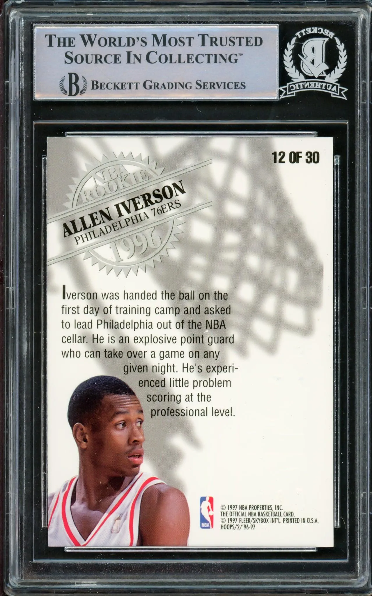 Allen Iverson Autographed 1996-97 Hoops NBA Rookie Card #12 Philadelphia 76ers Beckett BAS #14863450