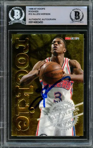 Allen Iverson Autographed 1996-97 Hoops NBA Rookie Card #12 Philadelphia 76ers Beckett BAS #14863450