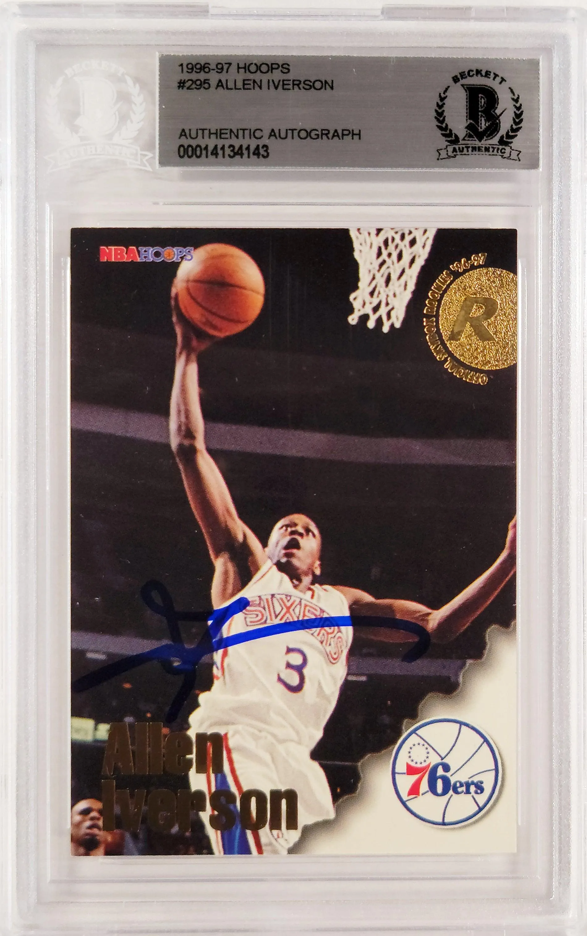 Allen Iverson Autographed 1996-97 Hoops Rookie Card #295 Philadelphia 76ers Beckett BAS #14134143