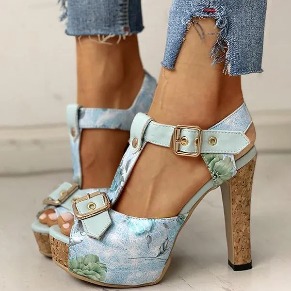 Amozae Flower Print Peep Toe Platform Chunky Heels