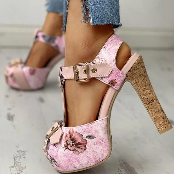 Amozae Flower Print Peep Toe Platform Chunky Heels