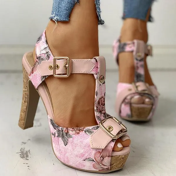 Amozae Flower Print Peep Toe Platform Chunky Heels