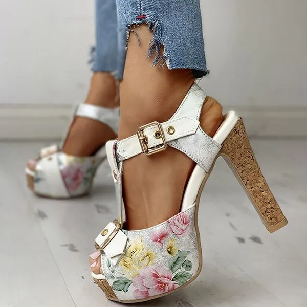 Amozae Flower Print Peep Toe Platform Chunky Heels