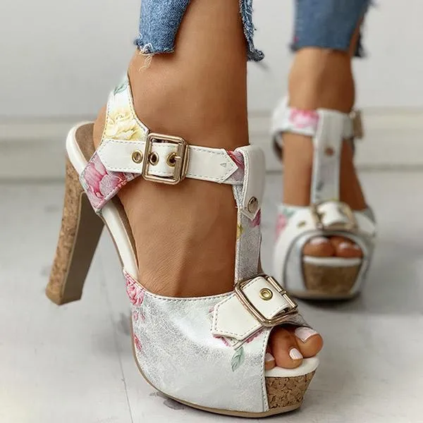 Amozae Flower Print Peep Toe Platform Chunky Heels