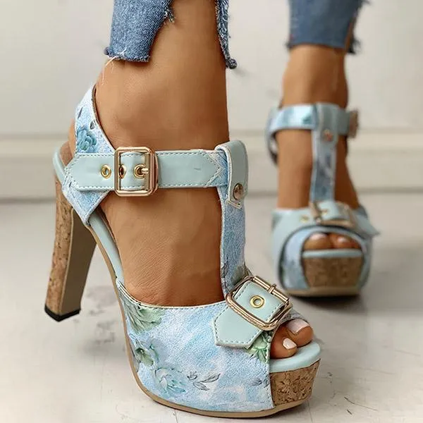 Amozae Flower Print Peep Toe Platform Chunky Heels