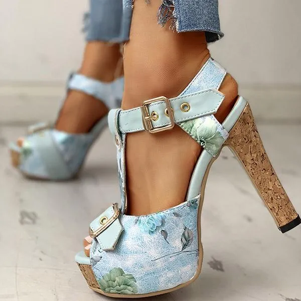 Amozae Flower Print Peep Toe Platform Chunky Heels