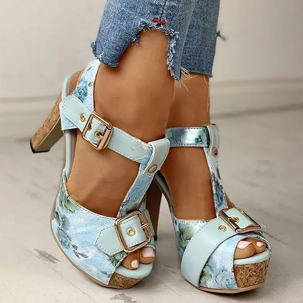 Amozae Flower Print Peep Toe Platform Chunky Heels