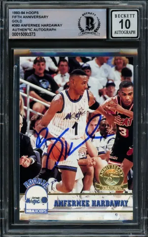 Anfernee Hardaway Autographed 1993-94 Hoops Gold Rookie Card #380 Orlando Magic Auto Grade Gem Mint 10 Beckett BAS #15093373