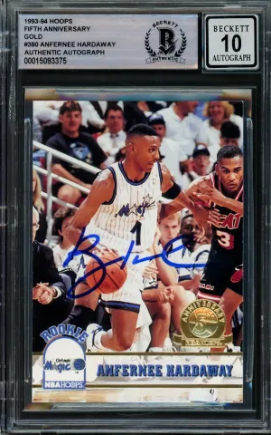 Anfernee Hardaway Autographed 1993-94 Hoops Gold Rookie Card #380 Orlando Magic Auto Grade Gem Mint 10 Beckett BAS #15093375