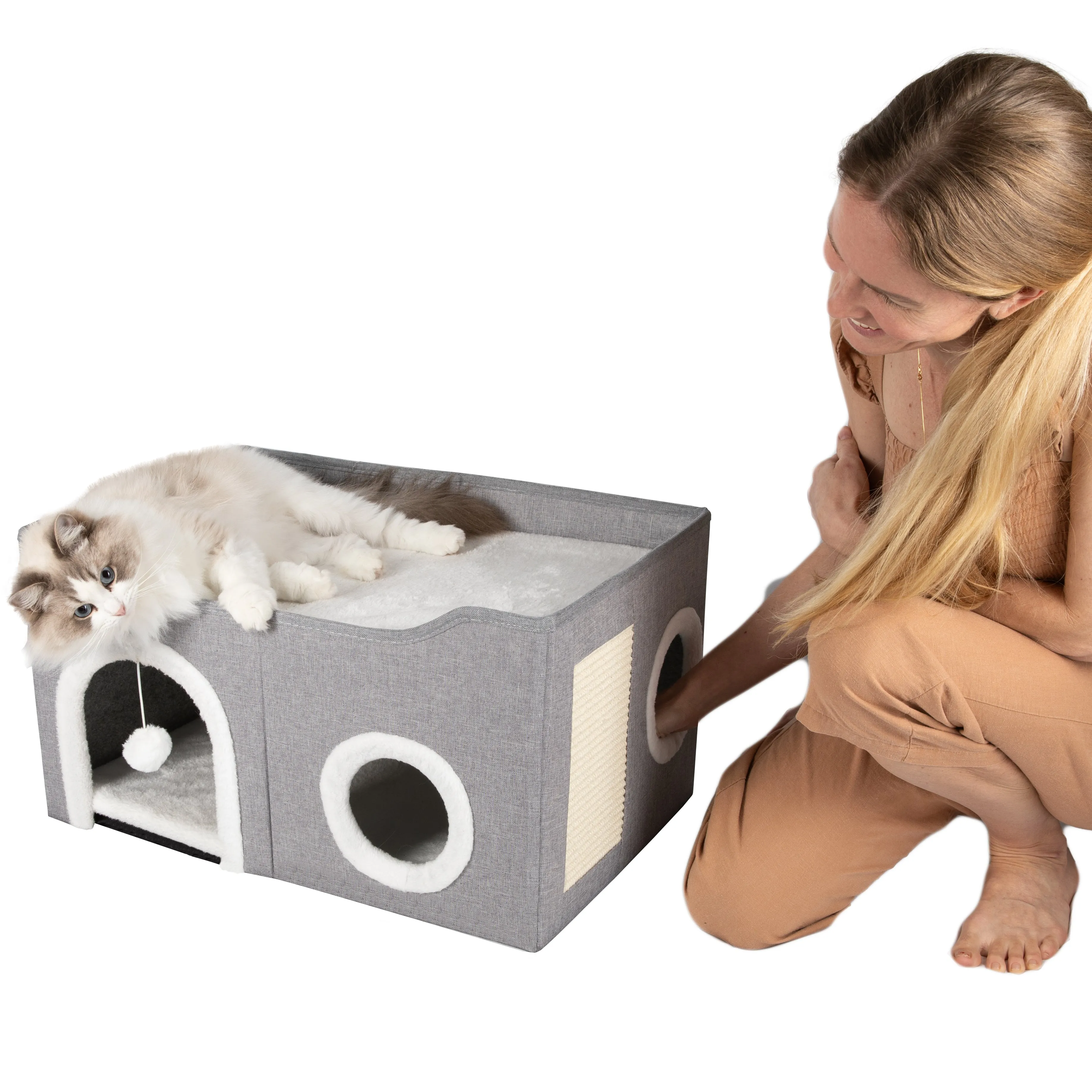 AUSSIE FURBABY Cat Bed Cat Cave with Cat Scratcher and Dangling Cat Toys. Ideal rabbit bed, cat cave, small dog bed or pet bed. Huge Cat House Cubby for 2 cats. Stylish Cat Furniture