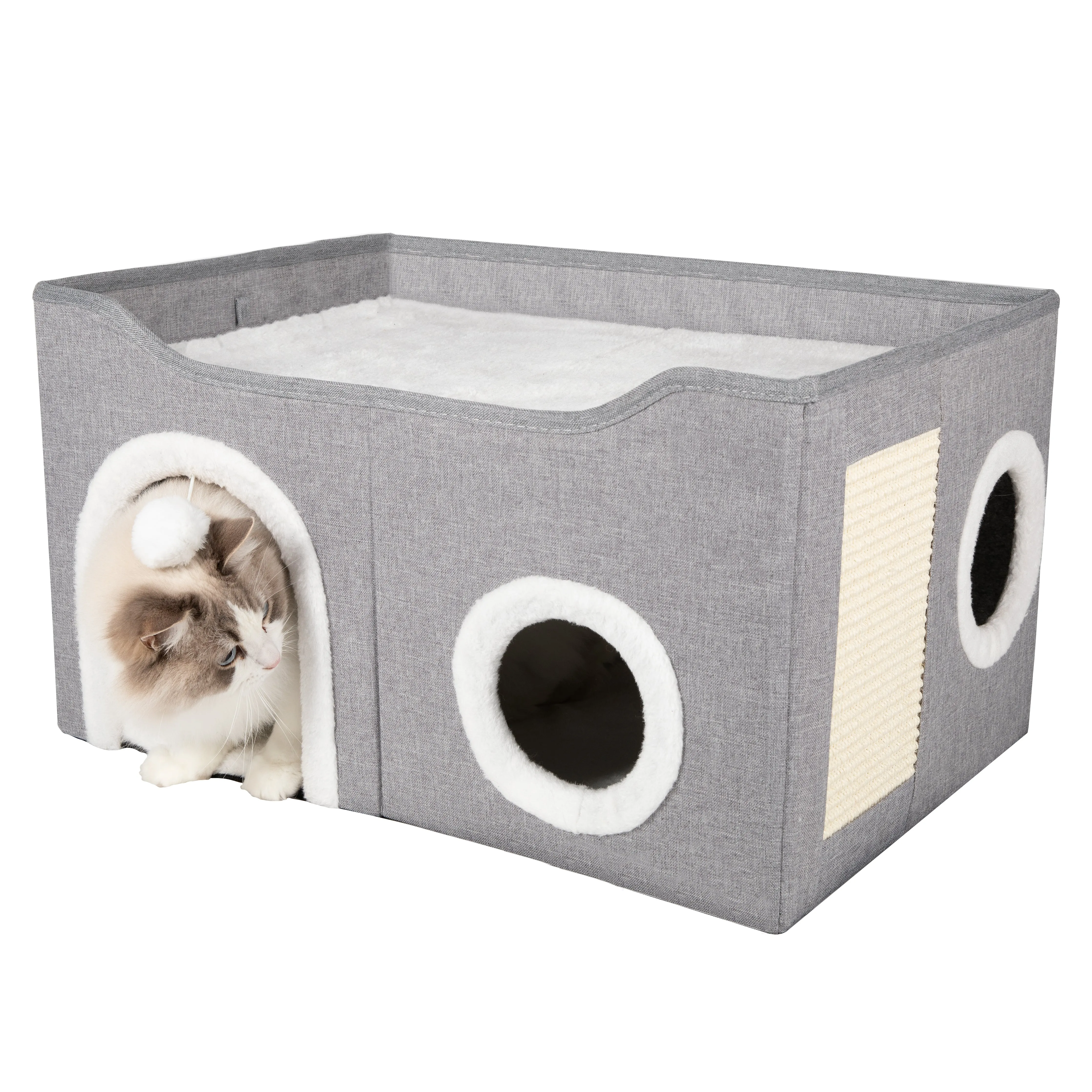 AUSSIE FURBABY Cat Bed Cat Cave with Cat Scratcher and Dangling Cat Toys. Ideal rabbit bed, cat cave, small dog bed or pet bed. Huge Cat House Cubby for 2 cats. Stylish Cat Furniture