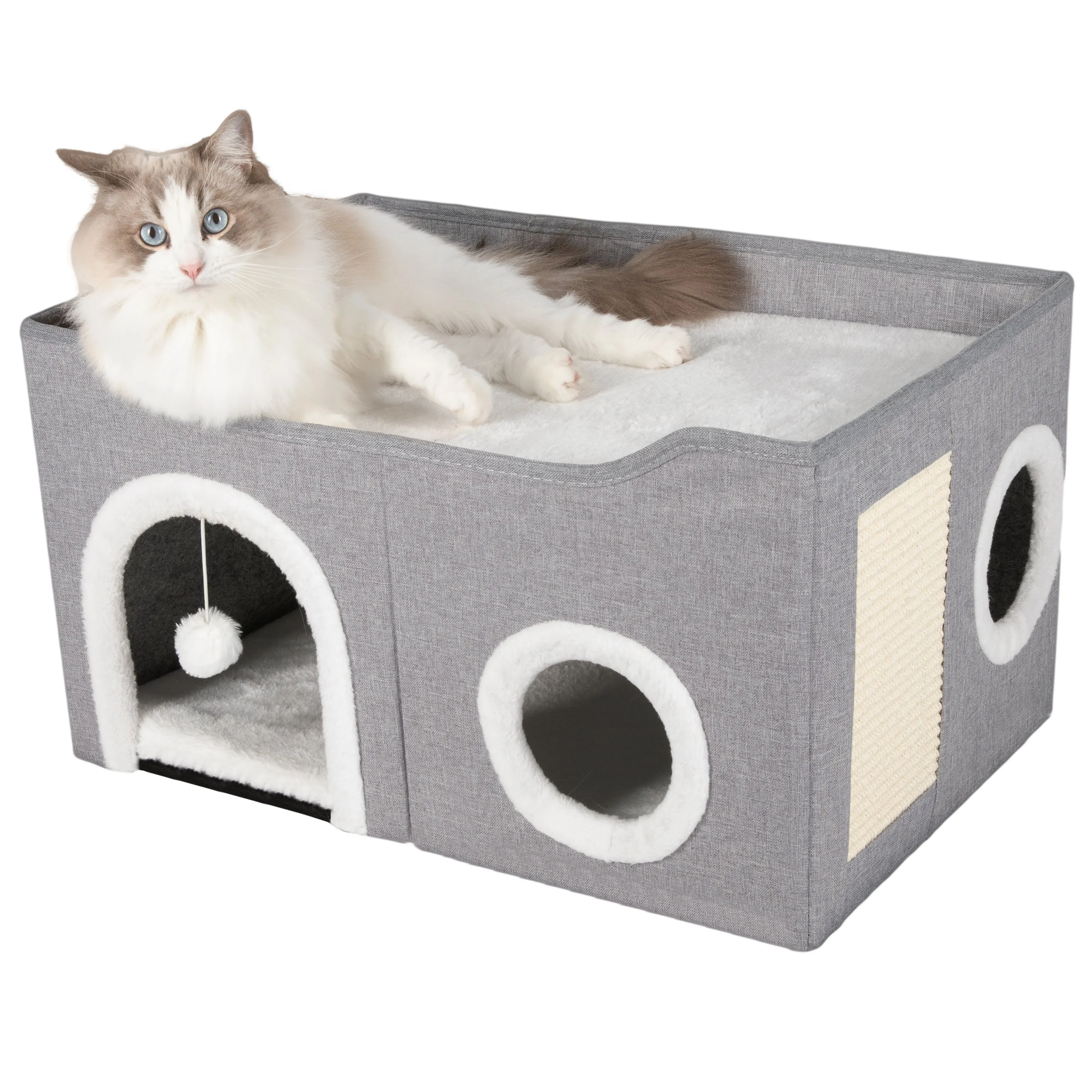 AUSSIE FURBABY Cat Bed Cat Cave with Cat Scratcher and Dangling Cat Toys. Ideal rabbit bed, cat cave, small dog bed or pet bed. Huge Cat House Cubby for 2 cats. Stylish Cat Furniture