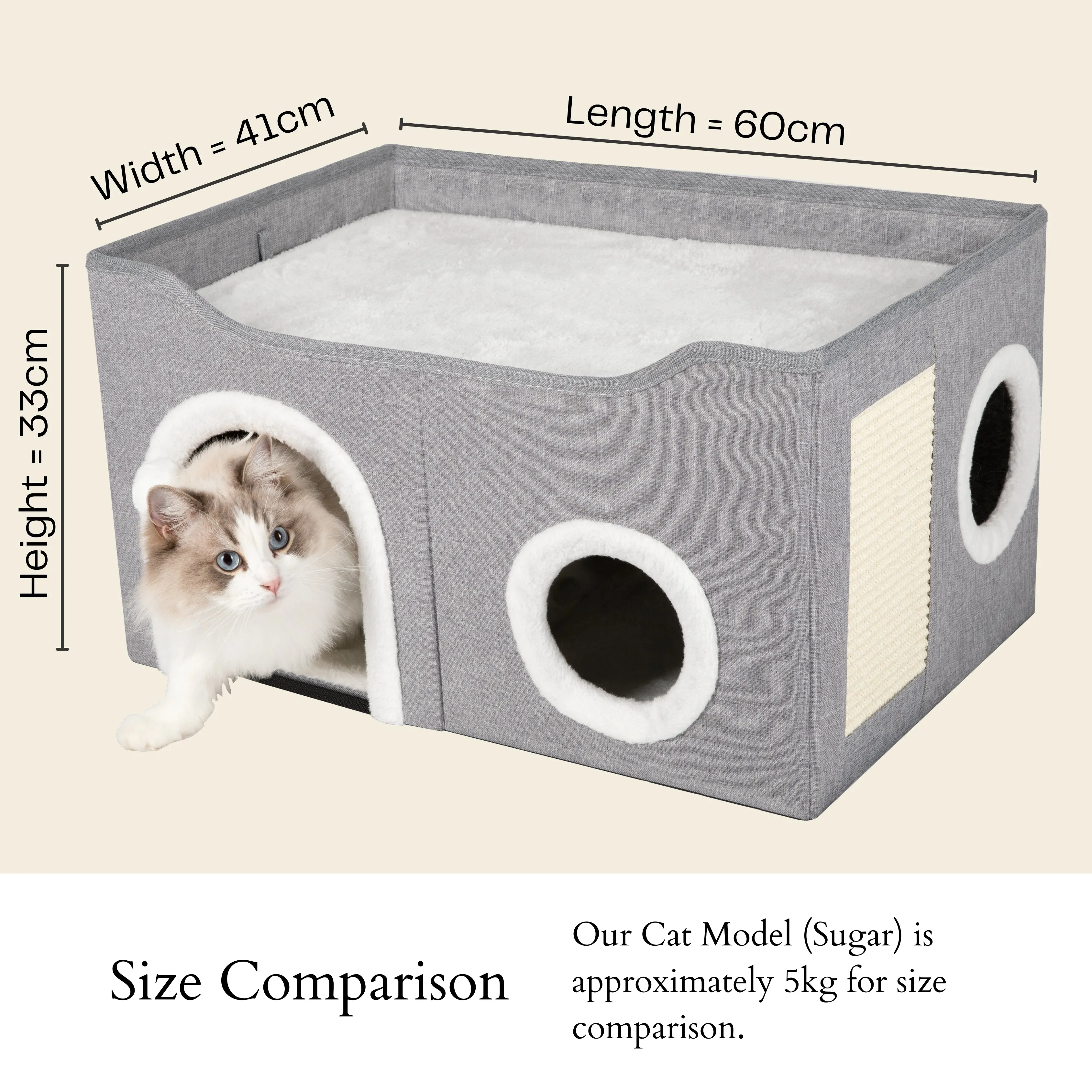 AUSSIE FURBABY Cat Bed Cat Cave with Cat Scratcher and Dangling Cat Toys. Ideal rabbit bed, cat cave, small dog bed or pet bed. Huge Cat House Cubby for 2 cats. Stylish Cat Furniture