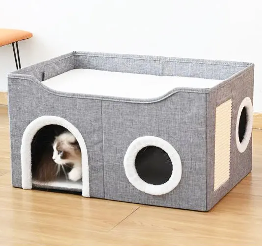 AUSSIE FURBABY Cat Bed Cat Cave with Cat Scratcher and Dangling Cat Toys. Ideal rabbit bed, cat cave, small dog bed or pet bed. Huge Cat House Cubby for 2 cats. Stylish Cat Furniture