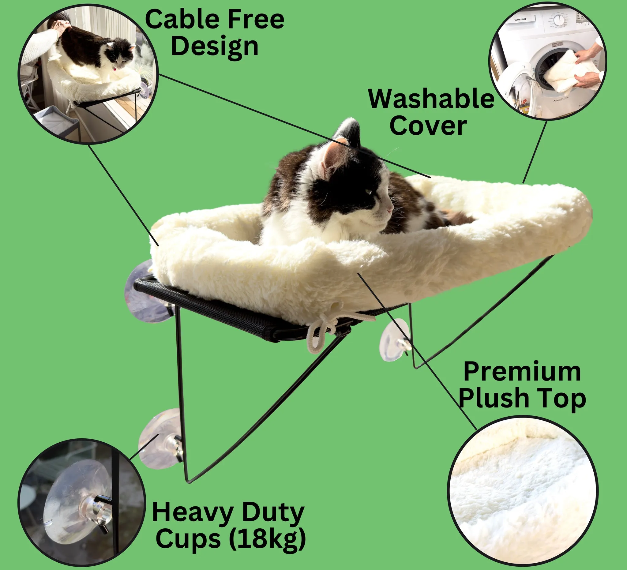 AUSSIE FURBABY Cat Hammock Cat Window Perch Cat Bed - Cordless Cat Window Bed Hammock. Washable XXL Cat Window Seat, Cat Window Hammock. 18kg Rated Sunbathing Cat Hammock Window Ledge Cat Toy