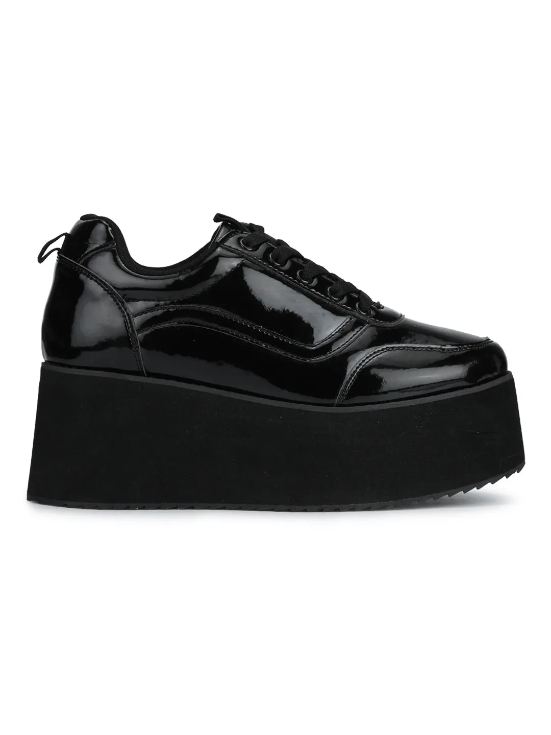 Black Patent PU Lace-Up Flatform Sneakers