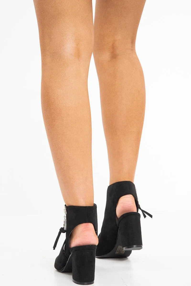 Black Peep Toe Cut Out Heel Block Heels - Crissie