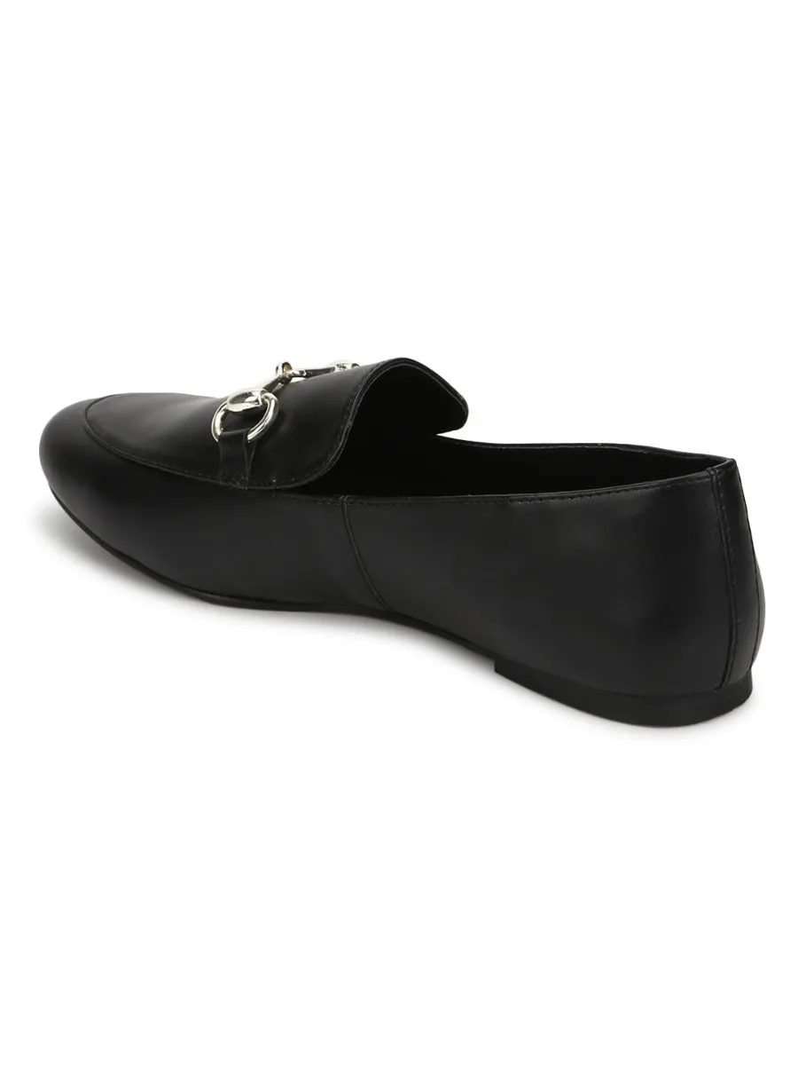 Black PU Loafer Shoes With Gold Chain