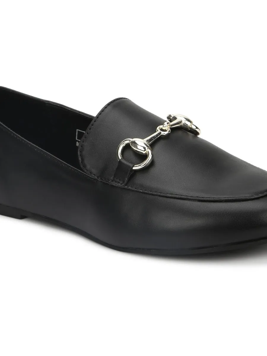 Black PU Loafer Shoes With Gold Chain