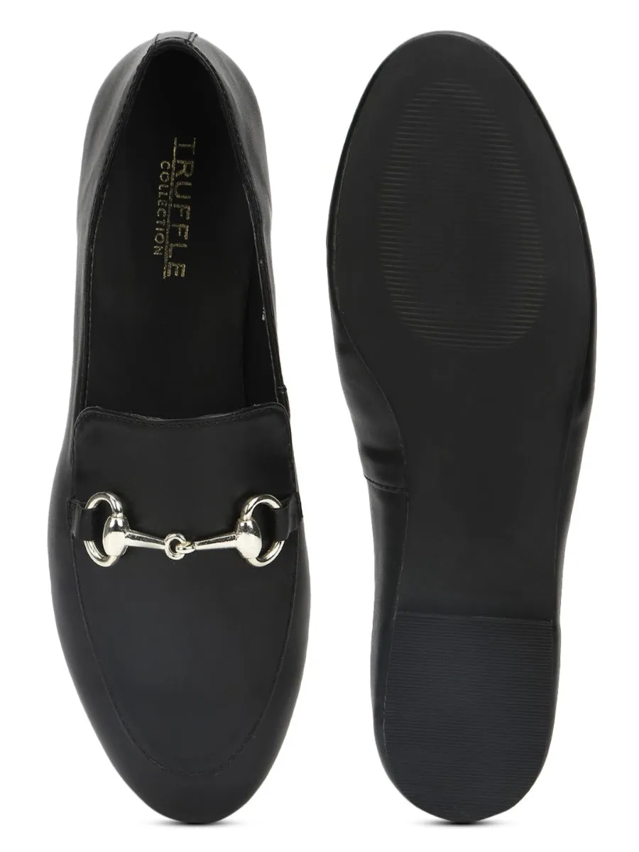 Black PU Loafer Shoes With Gold Chain