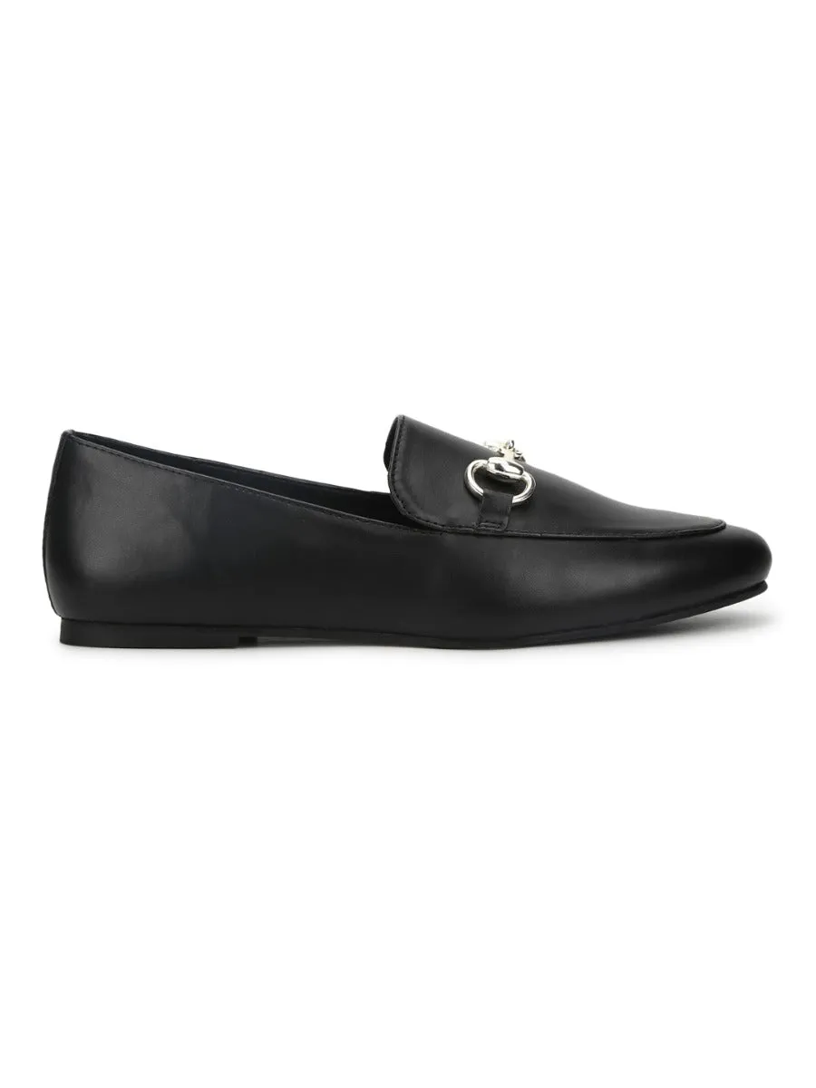 Black PU Loafer Shoes With Gold Chain