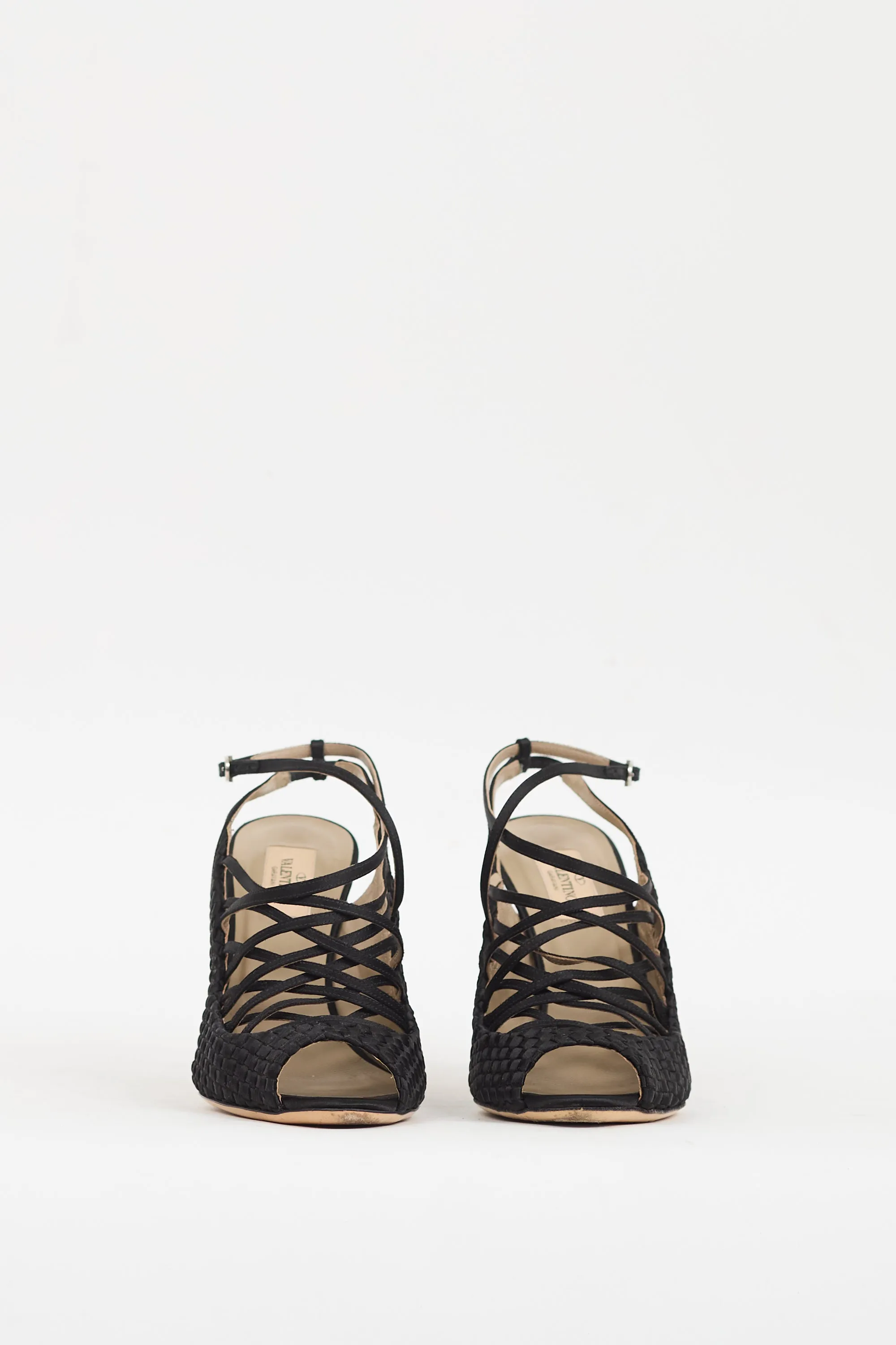 Black Satin Woven & Strappy Caged Heel